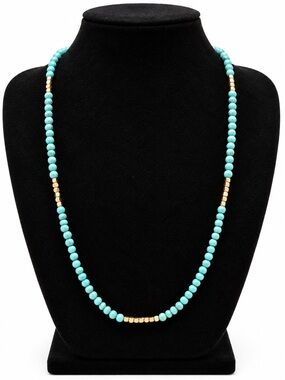 Turquoise Blue Beaded Necklace with Gold Tone Accent Beads Long Fashion Jewelry